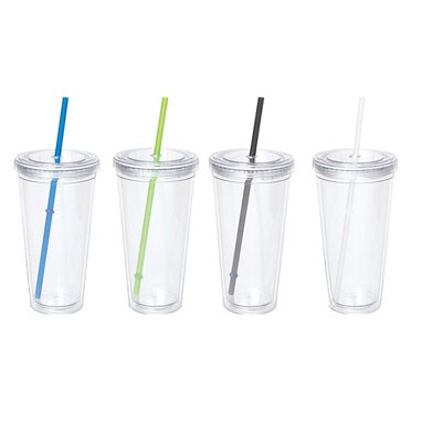 24 Oz. Double Wall Clear Acrylic Tumbler w/Color Straw