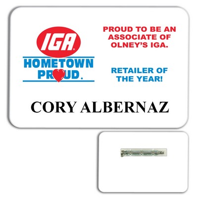 Classic White PVC Plastic Name Badge w/Pin Back