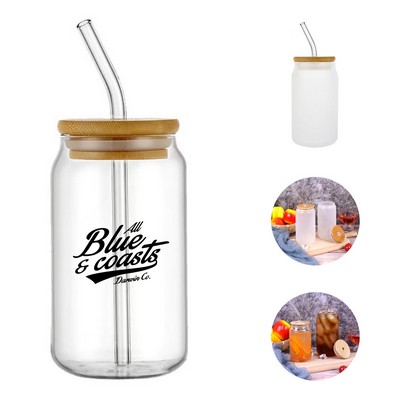 13 Oz Can Glass Tumbler with Wood Lid & Straw