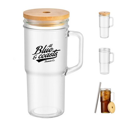 24oz Glass Water Tumbler with Handle Straw and Lid