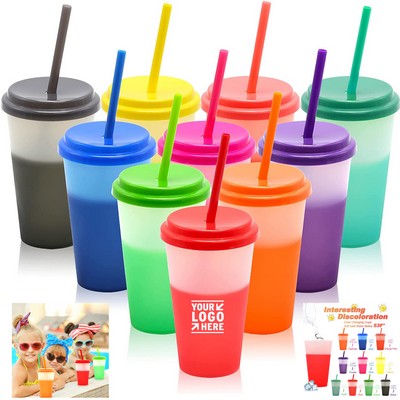 12 oz Plastic Color Changed Cups Reusable Tumbler with Lids and Straws