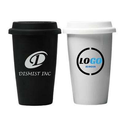 11oz Double-Layer Ceramic Coffee Cup with Silicone Lid
