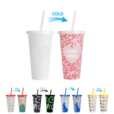 24 Oz Plastic Color Changing Cup W/ Straw And Lid