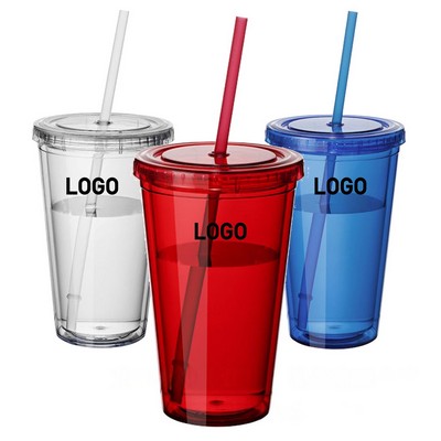 16oz Transparent Double-Wall Plastic Straw Tumbler